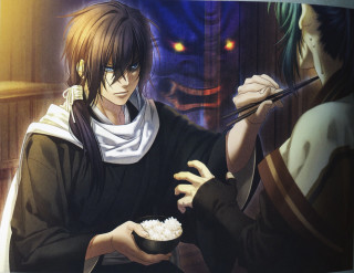Man holding bowl woman knife - her hand and a demon in the background free wallpaper