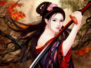 Woman sword painting tree leaves - a woman holding free wallpaper