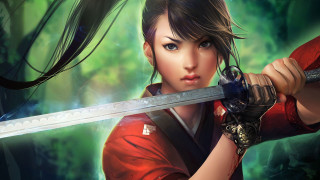 Girl sword forest kimono fantasy - a sword in a forest free wallpaper
