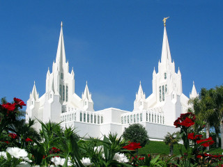 Large white church steeple clock - kinkade free wallpaper