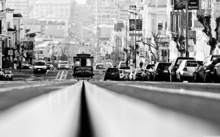 Black white city street bus - shallow free wallpaper for desktop