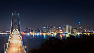 Night city bridge water lights 5 - a city in the background free wallpaper