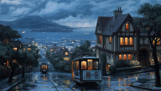 Trolley car rainy night city - evgeny lushpin free wallpaper