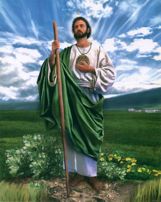Jesus holding staff field flowers - an oil free wallpaper