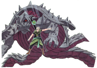 Cartoon man dragon sword demon - his hand and a demon in the background free wallpaper