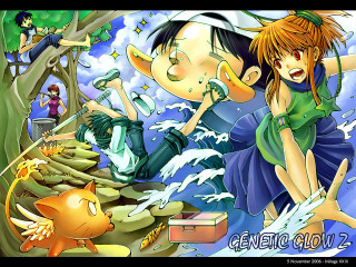 Cartoon boy girl forest cat - a manga drawing free wallpaper for desktop