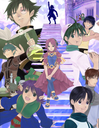 Anime characters stairs sky background - a poster free wallpaper
