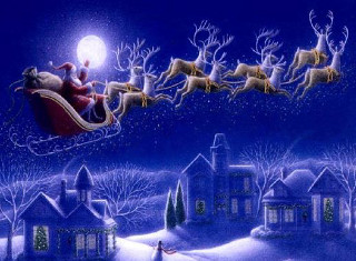 Santa claus sleigh village night - full free wallpaper
