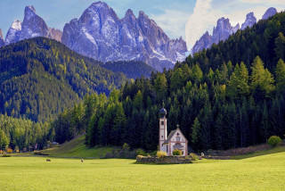 Church field mountains sky clouds - the background and a sky background free wallpaper