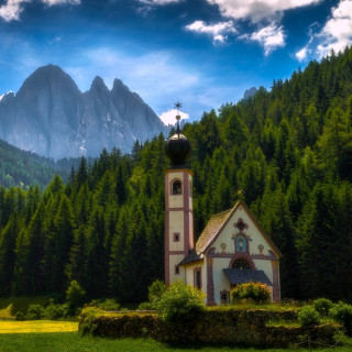 Church green field mountains blue 2 - mountain free wallpaper