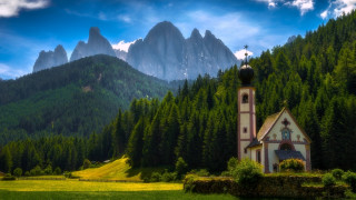 Church green field mountains blue - a green field free wallpaper