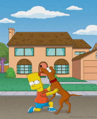 Dog man house street blue - a dog free wallpaper