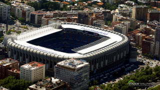 Stadium buildings trees foreground background - aerial free wallpaper