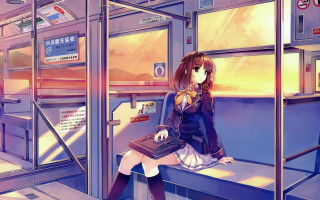 Woman sitting train seat laptop - her hand and a suitcase free wallpaper