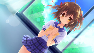 Girl cat schooluniform window blue - a cat free wallpaper