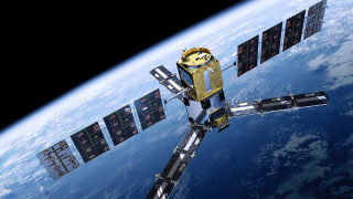 Satellite clock in sky above - free space wallpaper