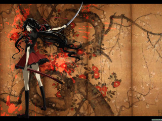 Woman black hair sword painting - a painting of flowers free wallpaper