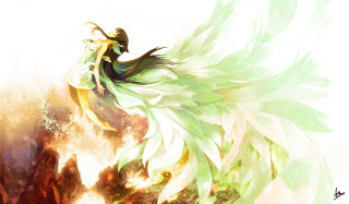 Woman green dress wings flying - background free wallpaper for desktop