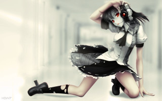 Woman short dress headphones sitting - cybernetic free wallpaper
