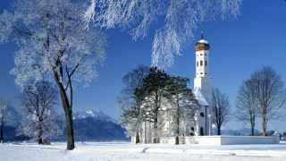Church clocktower snowyfield trees winter - a church free wallpaper