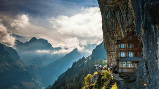 House cliff mountain clouds sky - the cliff free wallpaper