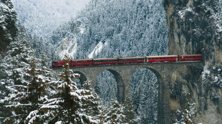 Train bridge mountains snow trees - a train free wallpaper