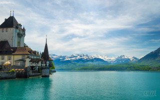 Castle lake mountains blue sky 7 - art free wallpaper