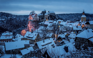 Snowy town church tower steeple - night time free wallpaper for desktop
