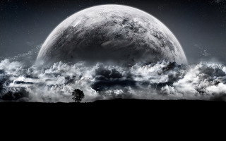 Moon clouds tree black white - dark atmosphere free wallpaper