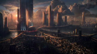 Futuristic city bridge river clouds - craig mullins free wallpaper
