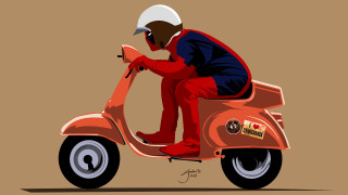 Man riding red scooter helmet - vector art free wallpaper