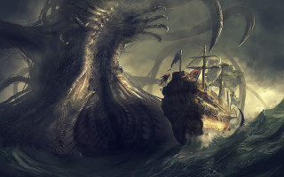 Giant octopus attacking ship sea - lovecraftian free wallpaper