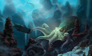 Octopus attacking submarine deep sea - a submarine free wallpaper