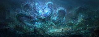 Giant octopus cave man standing - the water in front free wallpaper