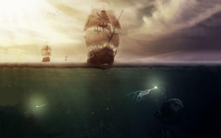 Ship ocean lightning bird flying - a ship in the ocean free wallpaper