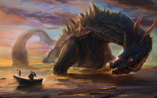 Giant dragon man boat water - the water next free wallpaper
