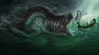 Giant octopus attacking giant squid - the water behind free wallpaper