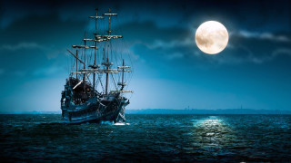 Large boat full moon water 2 - dark atmosphere free wallpaper