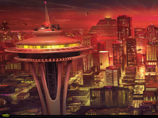 Futuristic city red sky background - matte painting concept art free wallpaper