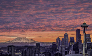 City skyline mountain sunset pink - everett warner free wallpaper