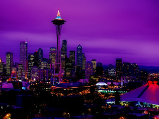 Purple skyline cityscape neon bridge - everett warner free wallpaper