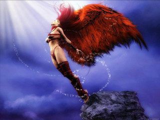 Woman red wings rock sky - dark fantasy art free wallpaper