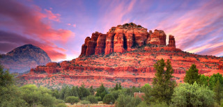 Mountain red rock formation trees - a pink sky free wallpaper