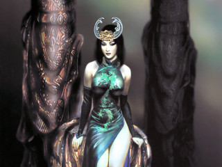 Woman green dress giant creature - a large window free wallpaper