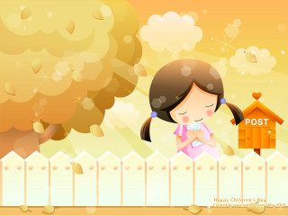 Girl postbox tree birdhouse standing - naive art free wallpaper for desktop