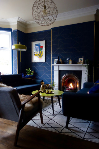 Livingroom fireplace bluewall geometric chair - a fireplace free wallpaper