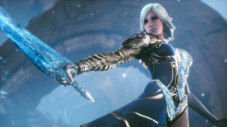 Woman armor sword blue background - cedric peyravernay free wallpaper