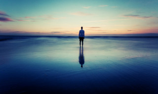 Beach sunset reflection person standing 2 - their back free wallpaper