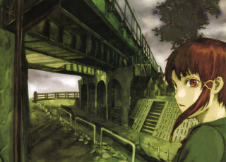 Girl red hair bridge looking - a cloudy sky behind her free wallpaper