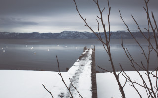 Snowy landscape water fence bench - a few boat free wallpaper